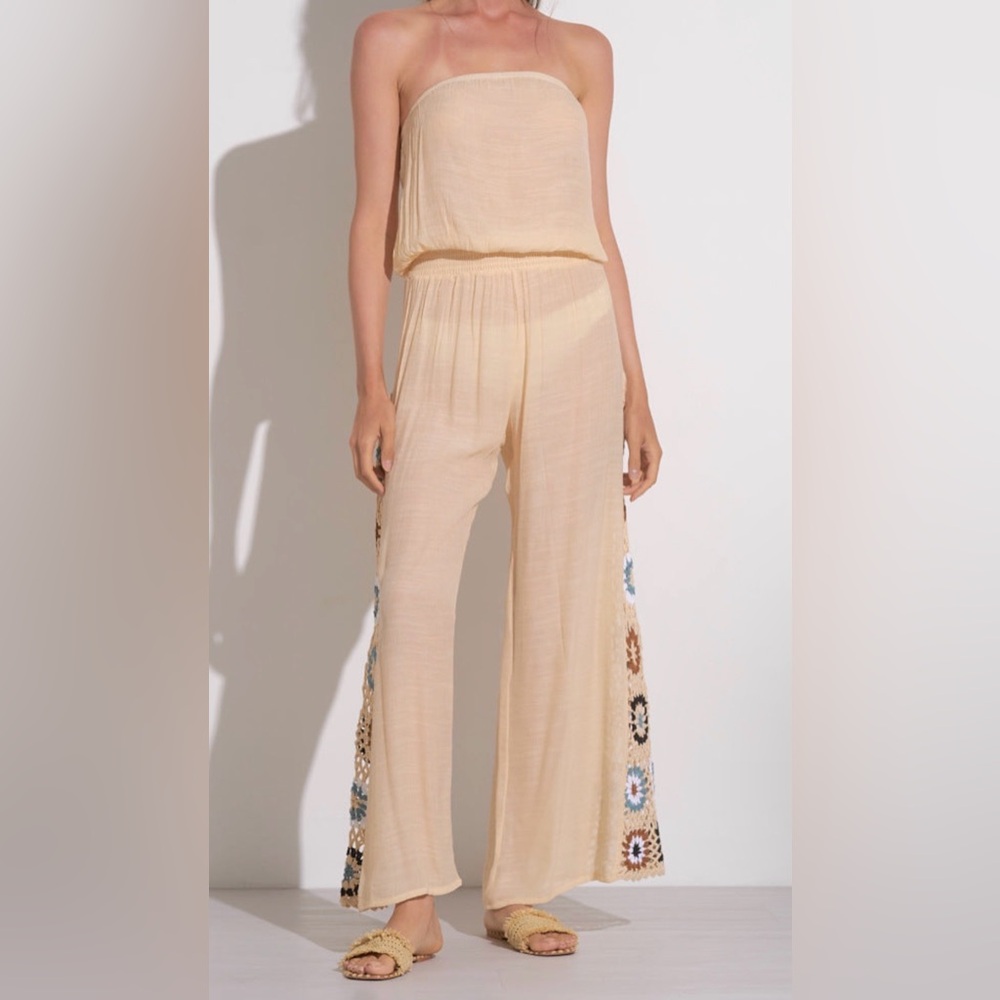 Elan Chic Beige Wide-crochet Leg Jumpsuit